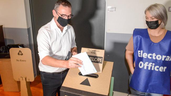 Defeated Premier Steven Marshall casts his vote at Norwood Primary School. Picture: NCA NewsWire / Brenton Edwards