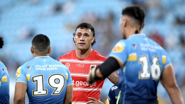 Su’a was also lucky to avoid a sin bin for a possible hip drop tackle on Tanah Boyd. Picture: NRL Images.