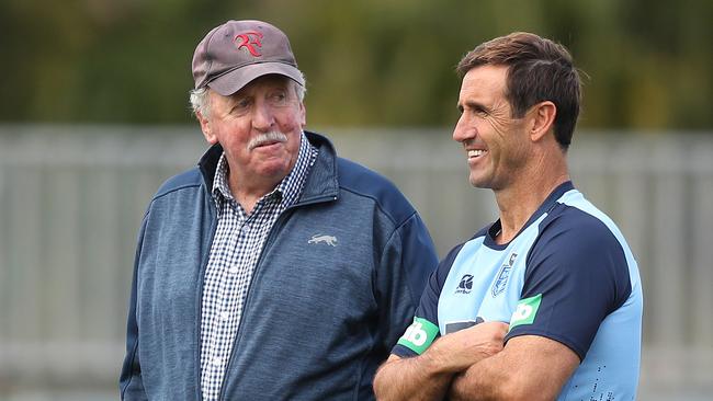 Former rugby league coach Warren Ryan watches on training with Andrew Johns during NSW Origin training and media at Coogee Oval, Sydney. Picture: Brett Costello