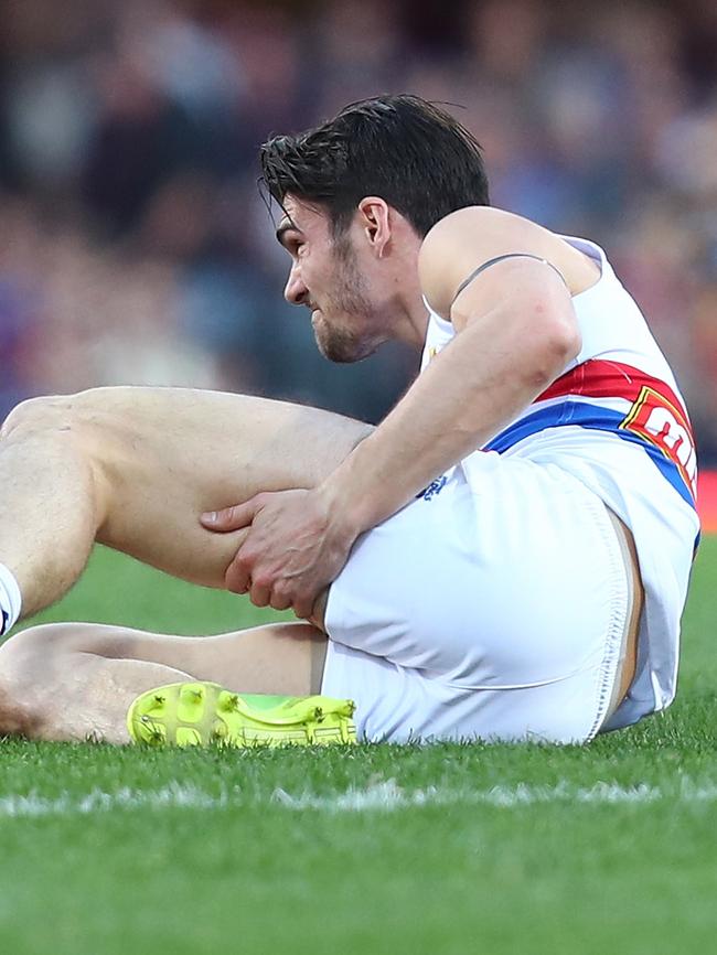 Easton Wood grabs his hamstring. Picture: Getty