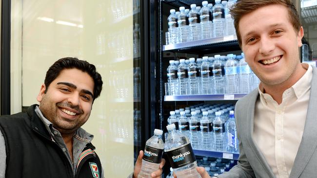 7-Eleven attendant Sandeep Dawar with Daniel Flynn when at 24 he was named Young Victorian Achiever of the Year. Picture: Steve Tanner