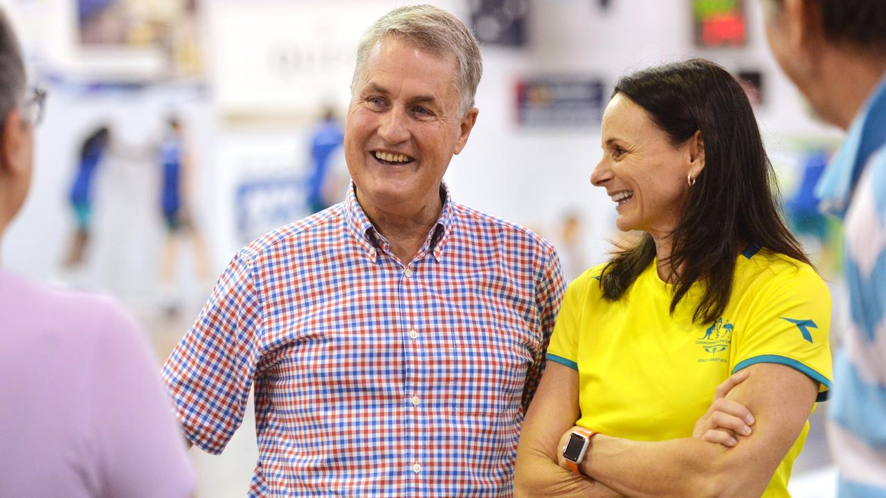 Australian Opals Basketball team training in Mackay leading up to the Commonwealth Games. Mackay Mayor Greg Williamson with Sandy Brondello in 2018. Picture: Stuart Quinn