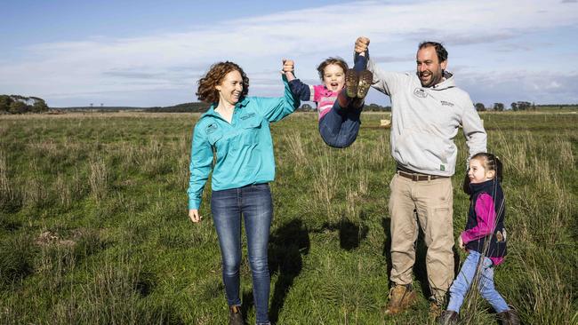 Kate and Mark, with daughters Lily and Willow, try to make the most of all the livestock and grains grown on the farm, by adding value through their own pork and beer brands. Picture: Nicole Cleary