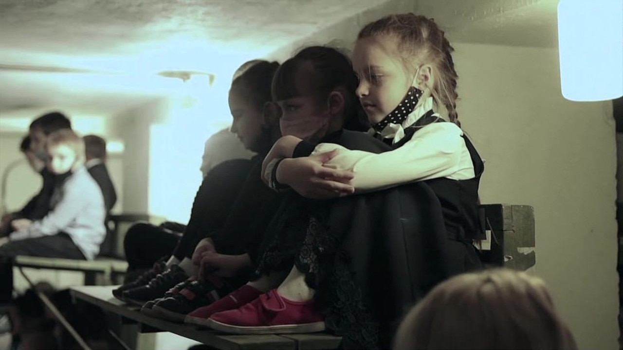 School kids led through drills at the Number One school in the city of Druzhkivka, in the Donetsk region, Ukraine. Picture: BBC News