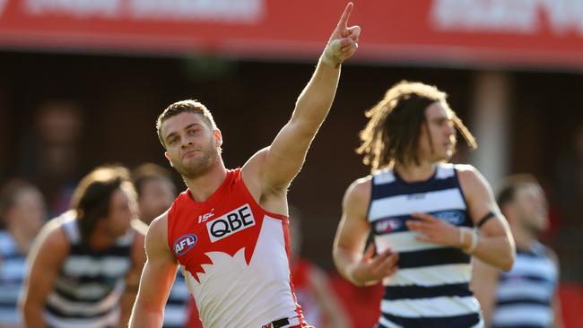 Tom Papley of the swans celebrates his goal in the first quarter against Geelong. Pic: Michael Klein