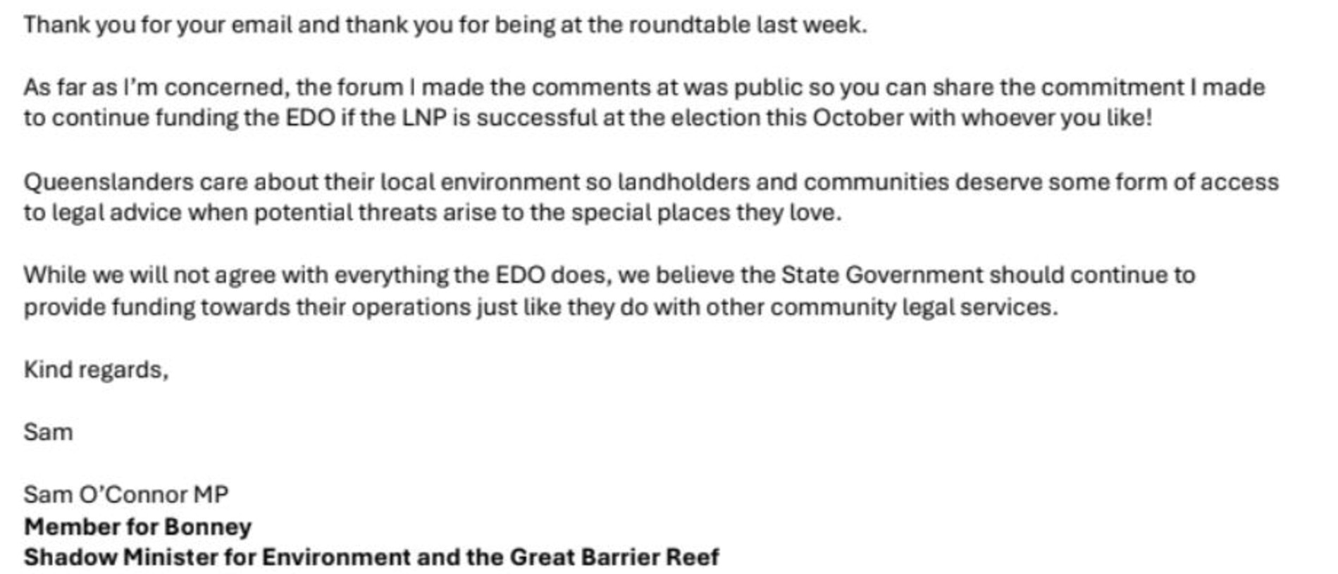 Email correspondence from former LNP environment minister Sam O'Connor.