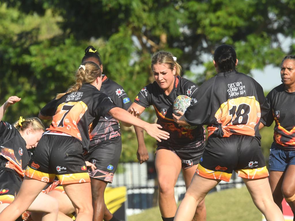 Indigenous All Stars captain Ivana Schober charges at the line in the Deadly Cup 2022. Picture: (A)manda Parkinson