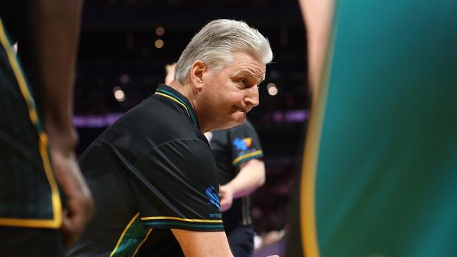 SYDNEY, AUSTRALIA - JANUARY 19: Jackjumpers coach Scott Roth addresses players during the round 17 NBL match between Sydney Kings and Tasmania Jackjumpersa at Qudos Bank Arena, on January 19, 2025, in Sydney, Australia. (Photo by Mark Evans/Getty Images)