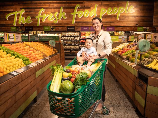 11-05-2021 Vicki Smith with son Jethro inside the new eco friendly Woolworths in the West End that has less plastic wrapping, trollies made from recycled plastic and doors on fridges. PICTURE: Brad FleetNicki - 0419771721