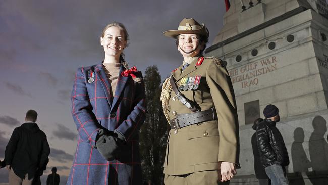 Hobart College student Amy Rahmanovic, 17, and Major General Kathryn Campbell from Canberra. Both spoke at the Anzac Day dawn service at the Hobart Cenotaph. Picture: PATRICK GEE