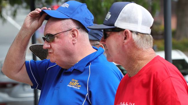 Michael Hart and Wayne “Rabbit” Bartholomew at the booths. Picture: Glenn Hampson.