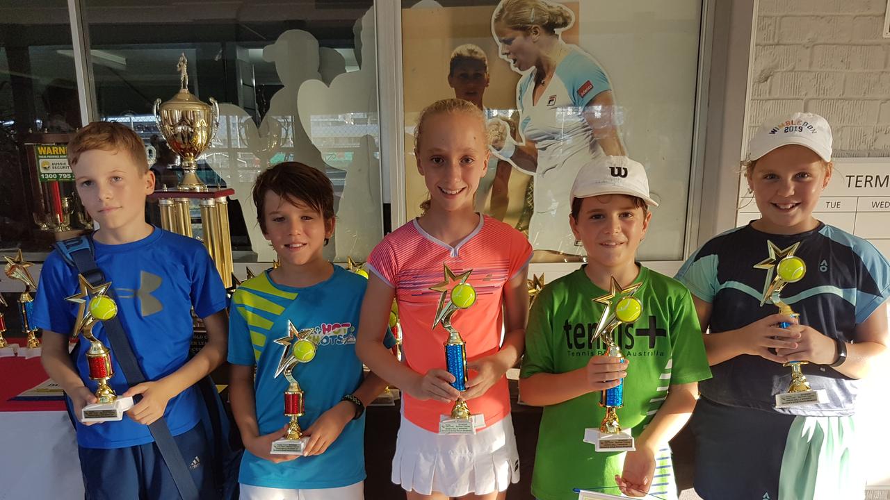 Gold Coast tennis finals. GB2 - Jackson Fraser, Tobey Cruickshank (KDV Cougars) &amp; Eve Van Hooven, Heath Leinster, Ivy Jezierska (Tennis Plus Hot Shots)