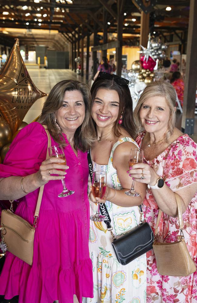 At the Pink High Tea are (from left) Julie Willett, Rachel Menkins and Debbie Menkins raising funds for Toowoomba Hospital Foundation at The Goods Shed, Saturday, October 12, 2024. Picture: Kevin Farmer