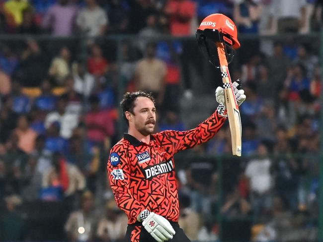 Sunrisers Hyderabad's Travis Head celebrates after scoring a century. Picture: AFP