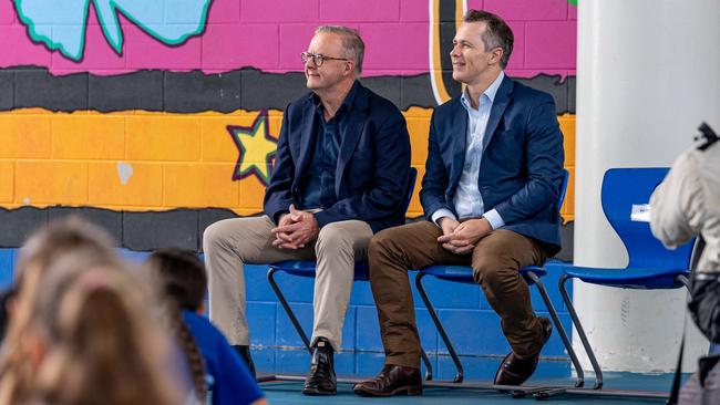 Prime Minister Anthony Albanese, left, visiting a school with Education Minister Jason Clare, said previously he is looking forward to meeting the winners of the PM’s Spelling Bee in Canberra after the competition ends. Picture: supplied