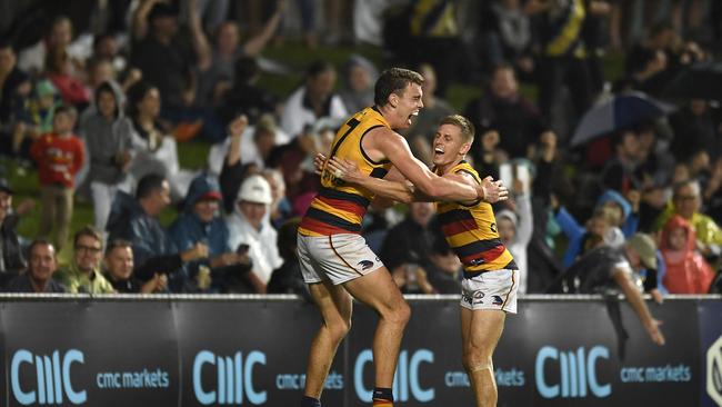 Riley Thilthorpe celebratesafter kicking the match winning goal. Picture: via Getty Images