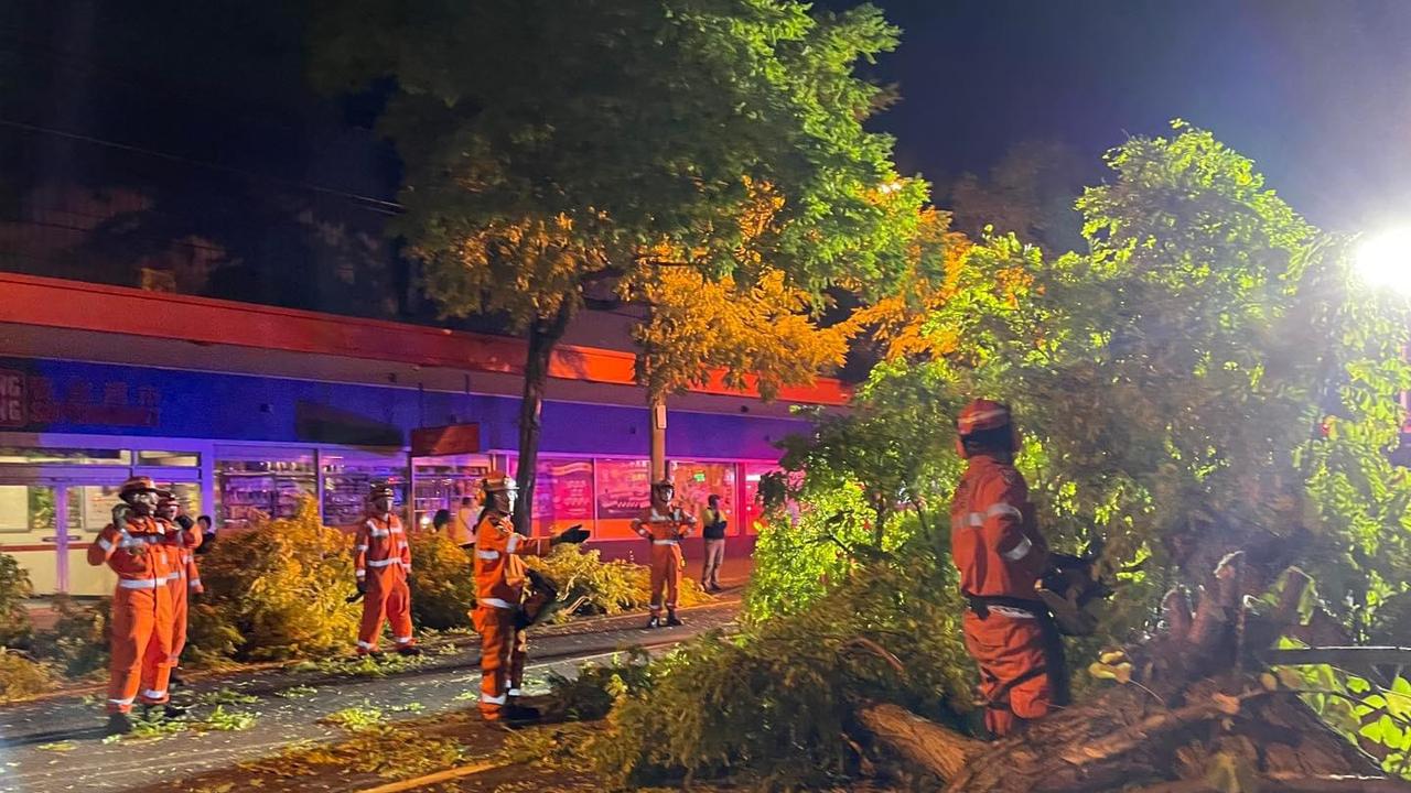 Monash SES crew members work through the night to remove debris from roads across the Monash area. Picture: SES Monash Unit