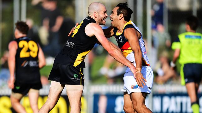 Crows gun Eddie Betts embraces Aaron Joseph. Picture: Mark Brake/Getty Images