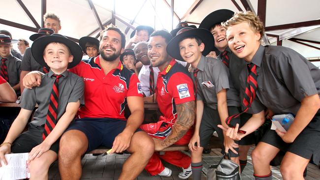 Reds players James Hanson and Digby Ioane at Gregory Terrace.