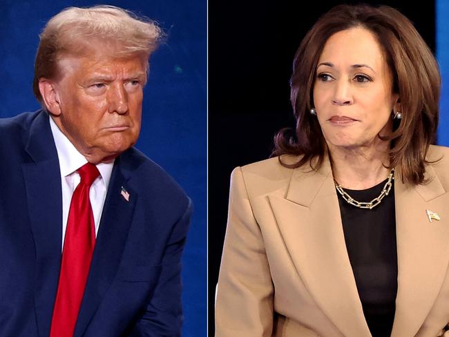 (COMBO) This combination of pictures created on October 25, 2024 shows (L) former US President and Republican presidential candidate Donald Trump looks on during a town hall event at the Crown Complex in Fayetteville, North Carolina, on October 4, 2024, and (R) US Vice President and Democratic presidential candidate Kamala Harris listens during a Town Hall event hosted by Univision at the University of Nevada Las Vegas, in Las Vegas, Nevada, on October 10, 2024. (Photo by Logan Cyrus and RONDA CHURCHILL / AFP)