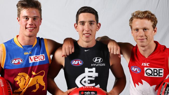 The top three picks in the 2015 draft Josh Schache, Jacob Weitering and Callum Mills. Picture: Sarah Reed