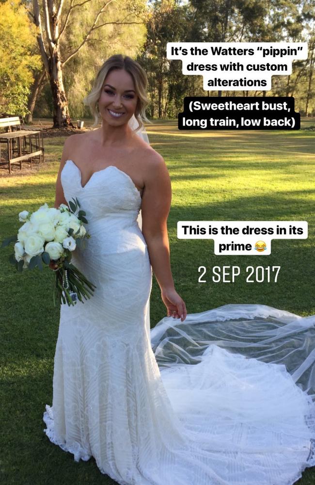 Kate Writer refused to pay the extortionate fees several dry cleaners quoted to clean her gown, so she did it herself for $15. Picture: Supplied