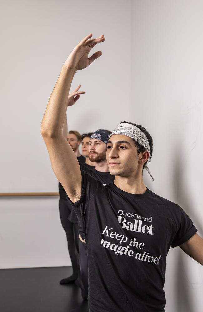 Queensland Ballet dancers Mali Comlekci, Alex Idaszak, Vito Bernasconi and Ari Thompson. Picture: Mark Cranitch