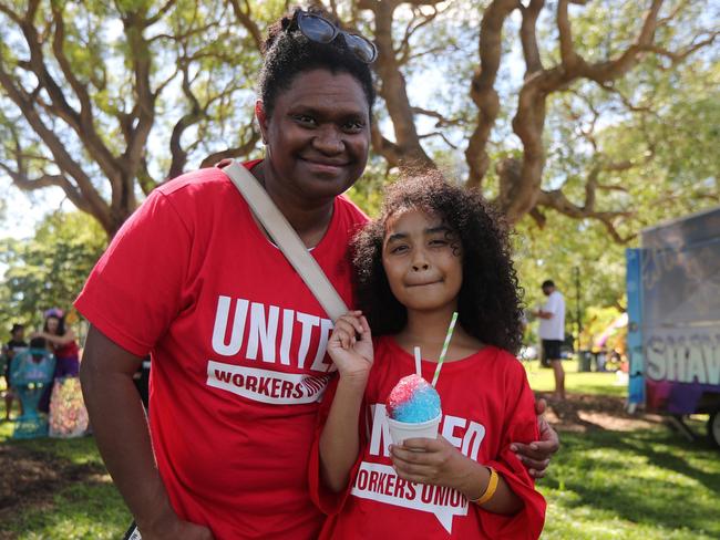Fellie Diweula with Mia Kassman, 7, after the Darwin May Day march on Monday, May 5. Picture: Zizi Averill