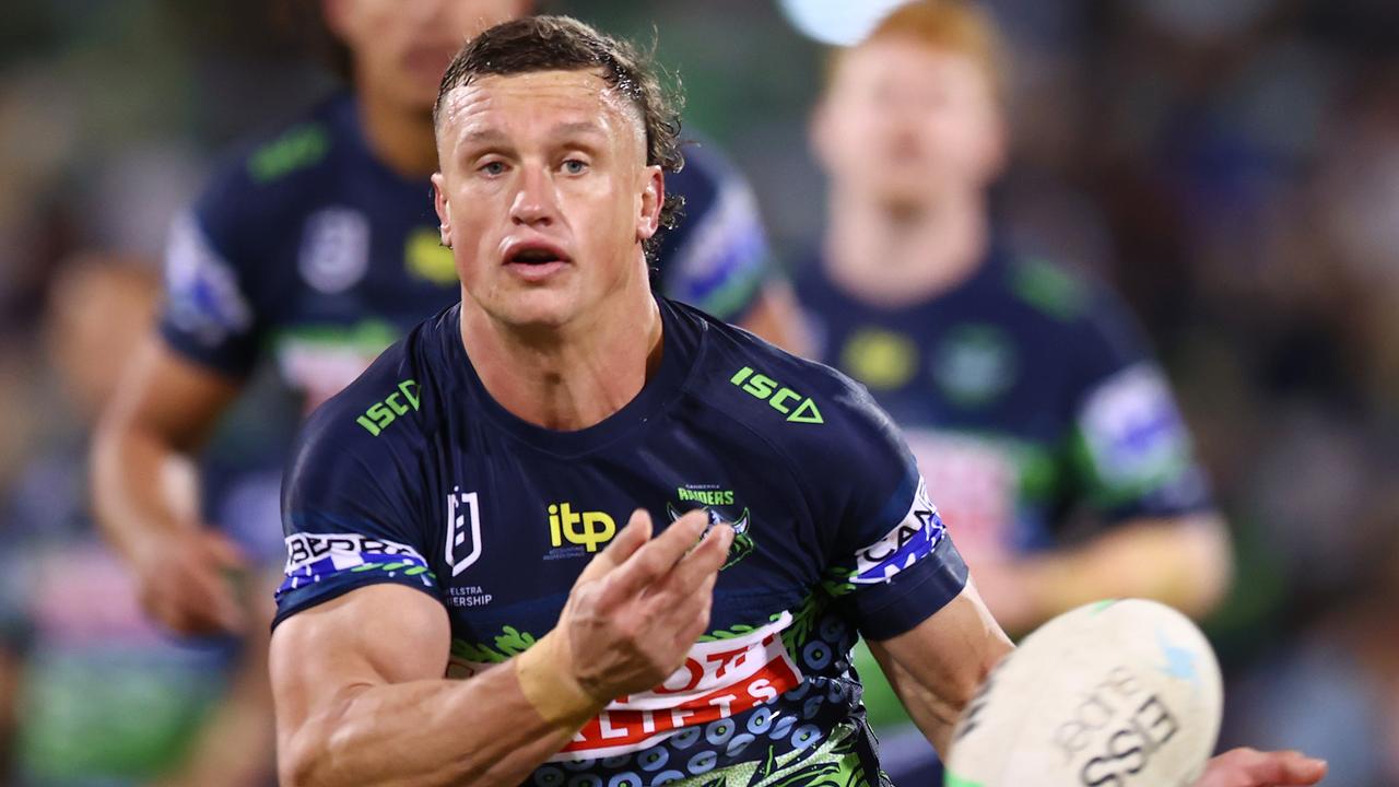 CANBERRA, AUSTRALIA - MAY 29: Jack Wighton of the Raiders passes during the round 12 NRL match between the Canberra Raiders and the Parramatta Eels at GIO Stadium, on May 29, 2022, in Canberra, Australia. (Photo by Mark Nolan/Getty Images)