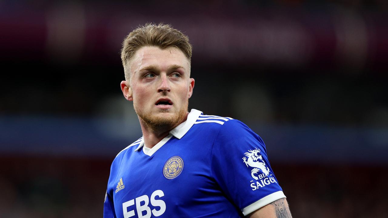 BIRMINGHAM, ENGLAND - FEBRUARY 04: Harry Souttar of Leicester City looks on during the Premier League match between Aston Villa and Leicester City at Villa Park on February 04, 2023 in Birmingham, England. (Photo by Richard Heathcote/Getty Images)