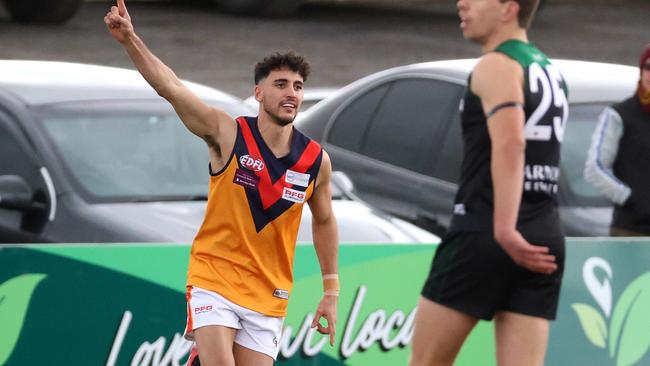 Campisi celebrates one of his four goals. Picture: Hamish Blair