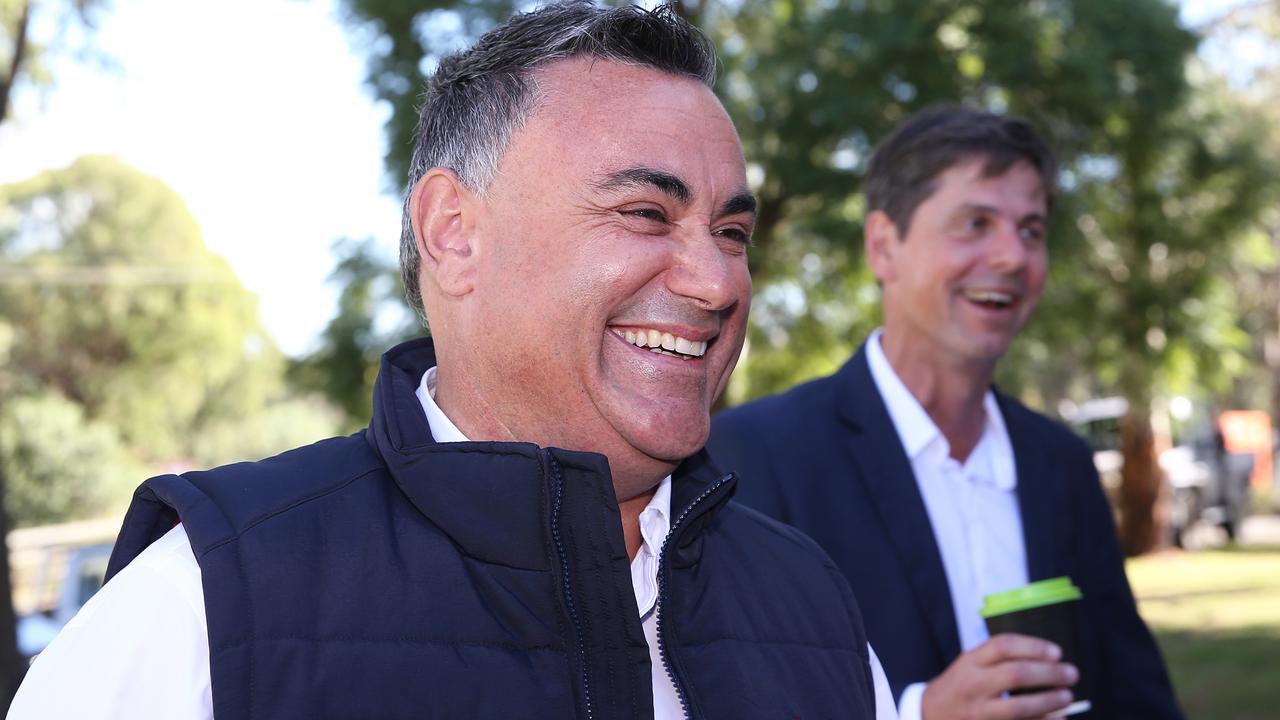 Deputy Premier John Barilaro and Nationals candidate Dave Layzell made a campaign stop in Singleton on Wednesday. Picture: NCA NewsWire / Peter Lorimer.