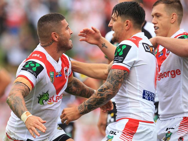 Joel Thompson celebrates a try against the Panthers. pic Mark Evans