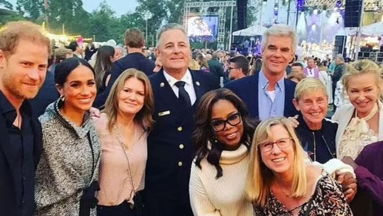 Ellen and Portia (right) have traded life in Montecito with neighbours Oprah (centre) and Harry and Meghan (left) for a new home in the UK.