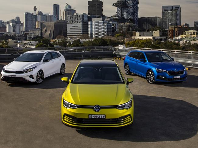 Photo of the comparison test between the 2021 VW Golf, Skoda Scala and Kia Cerato. Pic by Mark Bean