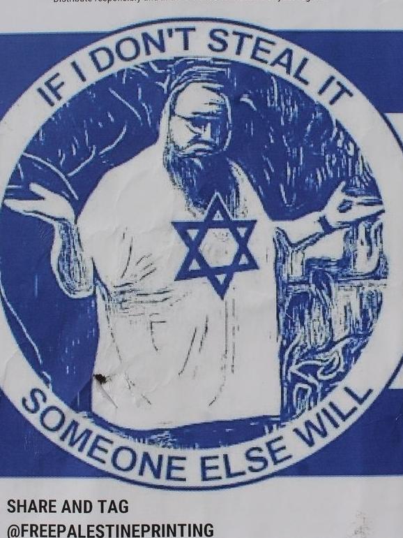 A sticker found in Melbourne’s CBD, in late 2023. Maybe there is some ongoing psychic residue of the noxious centuries-old envy theme targeting Jewish success at making money. Picture: Supplied