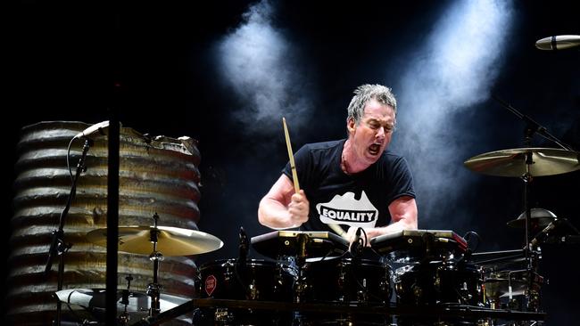 Midnight Oil drummer Rob Hirst goes to work in Power and the Passion. Picture: Tony Mott