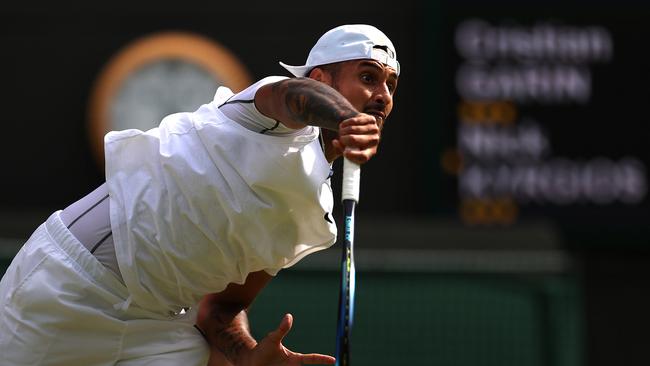 Nick Kyrgios’ serves is hard to read at the best of times and even harder on grass, worrying his final opponent Novak Djokovic. Picture: Getty Images