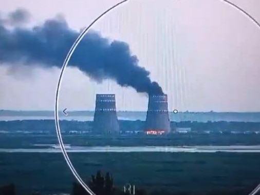 A cooling tower at the Zaporizhzhia nuclear plant in Ukraine on fire after a drone attack on August 11, 2024. Picture: X/Twitter.