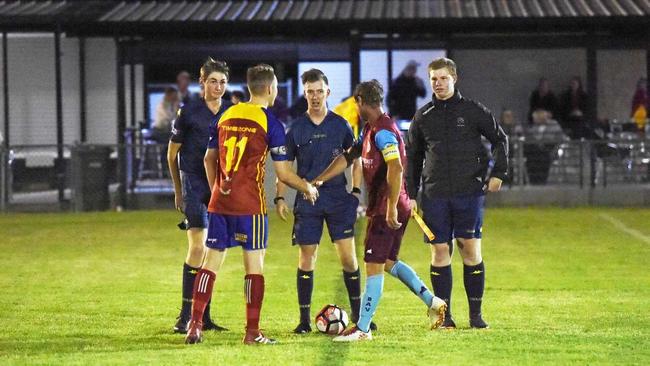 KSS Jets captain Jarrod Best shakes hands with the Brothers Aston Villa captain before the start of a match earlier this season. Picture: Brendan Bowers