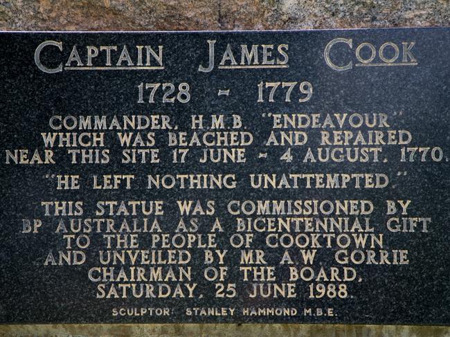 The epitaph on a statue erected in honour of Cpt James Cook who beached the Endeavour for repairs after running aground on the Great Barrier Reef in 1770. Picture: Marc McCormack