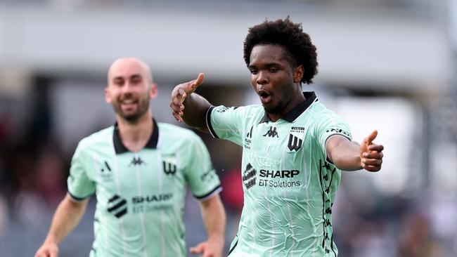 SYDNEY, AUSTRALIA - FEBRUARY 09: Abel Walatee of Western United celebrates scoring a goal during the round 18 A-League Men match between Macarthur FC and Western United at Campbelltown Stadium, on February 09, 2025, in Sydney, Australia. (Photo by Brendon Thorne/Getty Images)