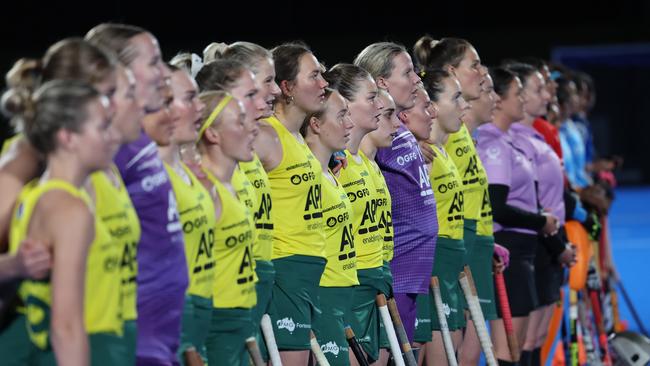 Hockeyroos players line up ahead of their clash with India at Mate Stadium in Adelaide. Picture: David Mariuz/ Hockey Australia