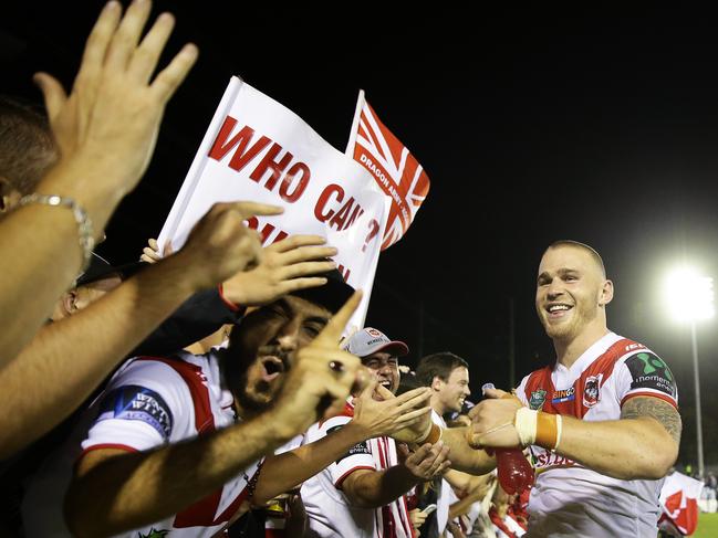 St George's Euan Aitken celebrates victory with the crowd after the Cronulla Sharks v St George rugby league game at Southern Cross Stadium, Cronulla. Picture: Brett Costello