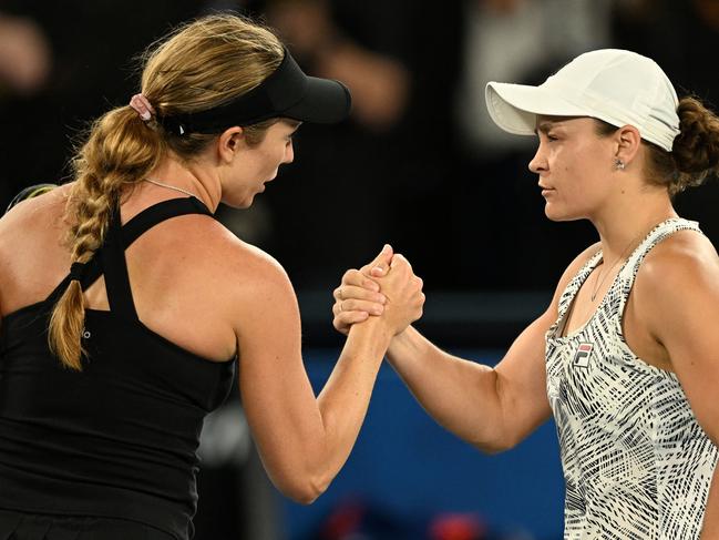 Australia's Ash Barty is congratulated by Danielle Collins of the US following Barty's win. Picture: AFP