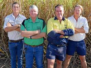 NOT HAPPY: Proserpine cane farmer Peter Faust (second from right) with (from left) son Matt Faust, farm manager Shane Butler and son Peter Faust. Picture: Claudia Alp