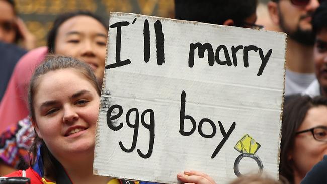 A protester is firmly in the corner of “Egg Boy” during during the Stand Against Racism and Islamophobia: Fraser Anning Resign! rally in Melbourne yesterday. Picture: Getty Images