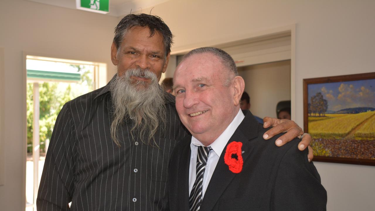 MATES: Sgt Elgan Leedie and John Turnwall at the 2019 Kingaroy Remembrance Day service at KSHS. (Photo: Jessica McGrath)