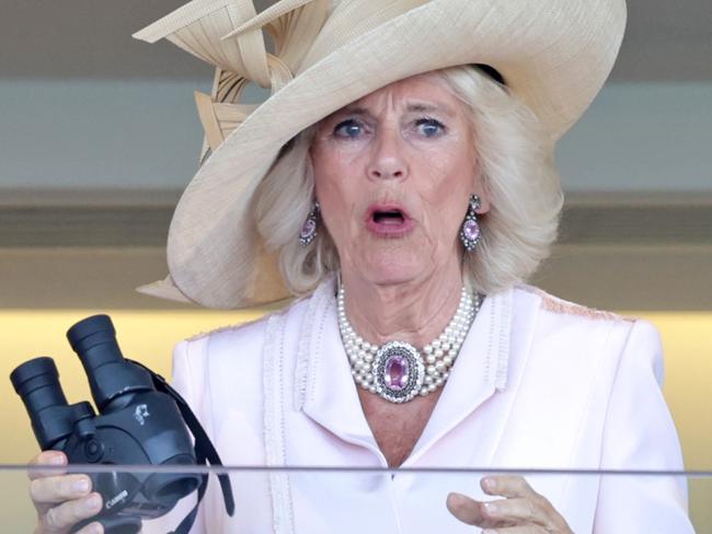 ASCOT, ENGLAND - JUNE 21: Queen Camilla watches a race on day two of Royal Ascot 2023 at Ascot Racecourse on June 21, 2023 in Ascot, England. (Photo by Chris Jackson/Getty Images)