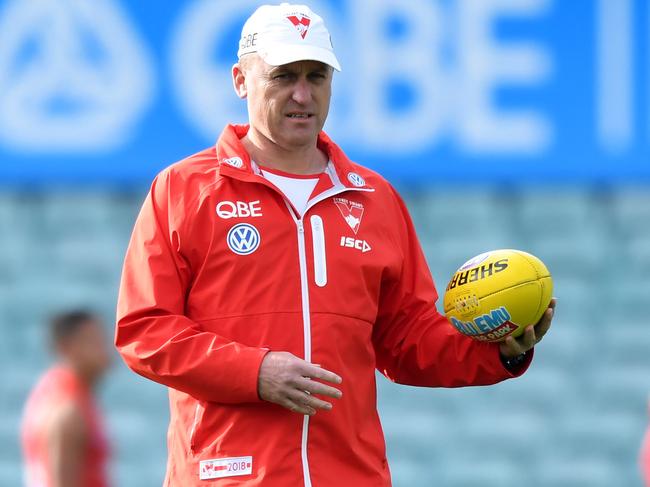 Sydney Swans head coach John Longmire during a team training session at the Sydney Cricket Ground (SCG) in Sydney, Tuesday, June 26, 2018. (AAP Image/David Moir) NO ARCHIVING